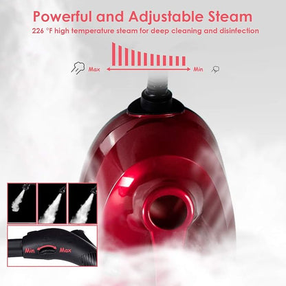 COSTWAY 2000W Multipurpose Steam Cleaner with 19 Accessories, Household Steamer with 1.5L Tank for Cleaning, Heavy Duty Rolling Cleaning Machine for Carpet, Floors, Windows and Cars, Red
