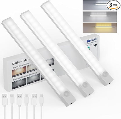 Under Cabinet Lighting 12 Inches Rechargeable Motion Sensor Light Indoor, 3 Color Dimmable Closet Light Battery Operated, USB Stick on LED Magnetic Under Counter Lights for Kitchen Stair, 3Packs