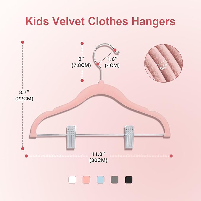 Baby Clothes Hangers with Clips, 14 Packs Kids Velvet Clothes Hangers, Heavy-Duty Childrens Hangers, Storage Organizer Clothing Hangers for Shirts, Pants, Skirts, Dresses, Jackets, Coat Pink