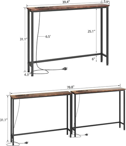 VERMESS 2 Pack Sofa Table with Power Outlets for Entryway, 39 inch Long Behind Couch Table with Metal Frame and 6.5’ Extension Cord for Hallway, Foyer, Living Room, Rustic Brown