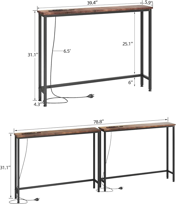 VERMESS Sofa Table with Power Outlets for Entryway, 39 inch Long Behind Couch Table with Metal Frame and 6.5’ Extension Cord for Hallway, Foyer, Living Room, Rustic Brown