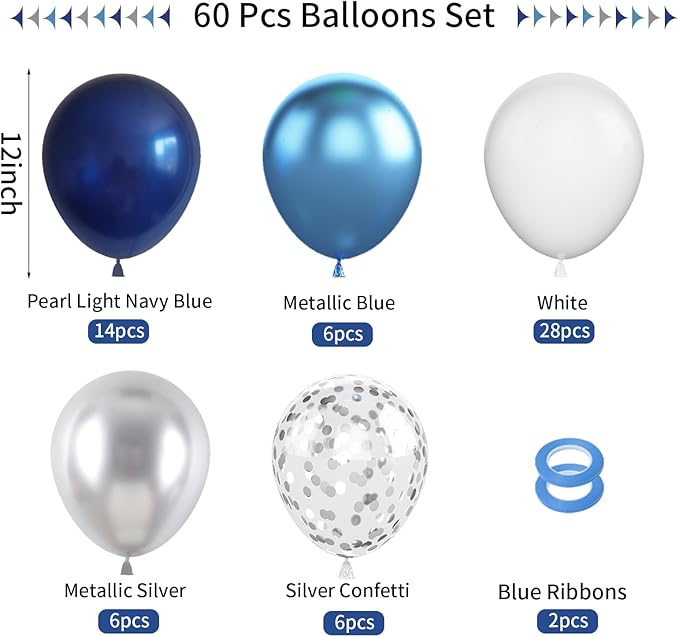 Navy Blue & Silver Balloons - 60pc Metallic & Latex Mix, 12" White Balloons with Silver Confetti for Birthday, Baby Shower, Graduation & Wedding Parties