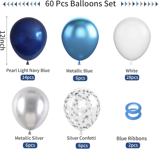 Navy Blue & Silver Balloons - 60pc Metallic & Latex Mix, 12" White Balloons with Silver Confetti for Birthday, Baby Shower, Graduation & Wedding Parties