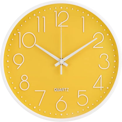 Wall Clock 10 Inch Non-Ticking Silent Modern Simple Style Round Decor Clock Yellow Stereoscopic Dial Quartz Wall Clocks for Home/Office/School/Living Room/Bedroom/Kitchen