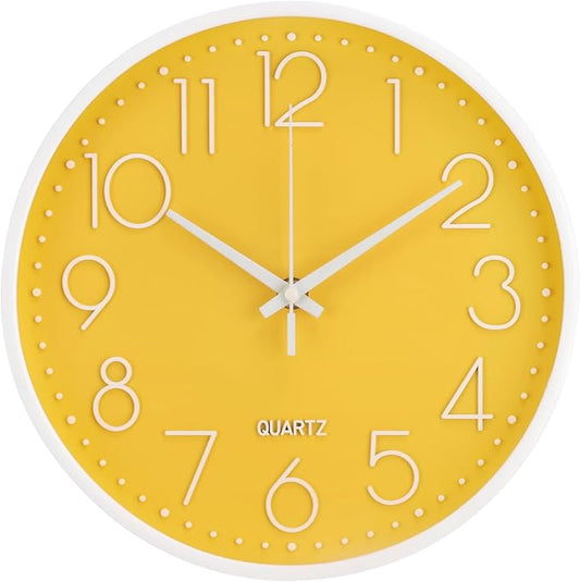 Wall Clock 10 Inch Non-Ticking Silent Modern Simple Style Round Decor Clock Yellow Stereoscopic Dial Quartz Wall Clocks for Home/Office/School/Living Room/Bedroom/Kitchen