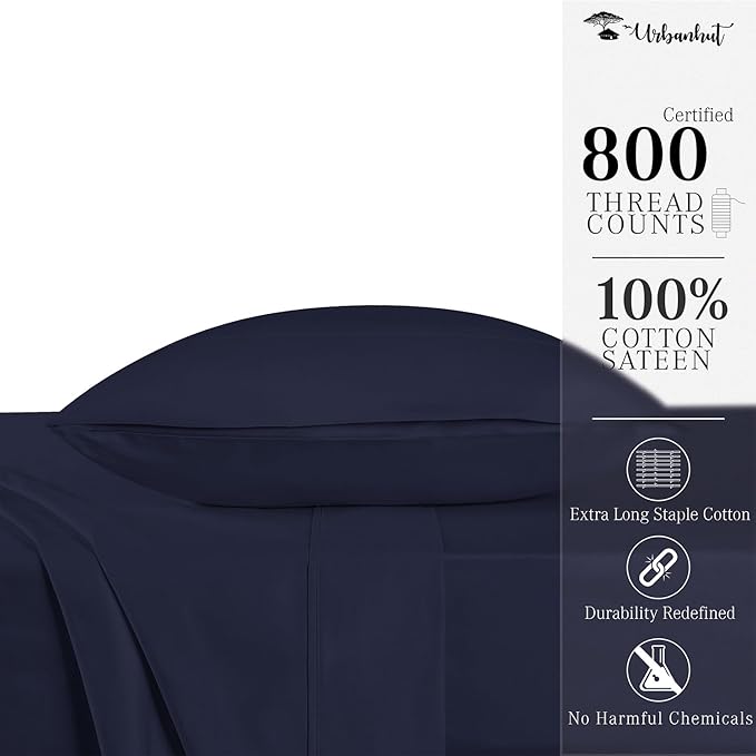 URBANHUT 800 Thread Count Twin Size Egyptian Cotton Sheets Set, 4 Pc Bed Sheet Sets for Twin Size Bedding, Luxury Hotel Sheets Sateen Finish Fits 16" Deep Pocket - Navy Blue