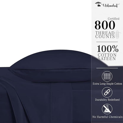 URBANHUT 800 Thread Count Twin Size Egyptian Cotton Sheets Set, 4 Pc Bed Sheet Sets for Twin Size Bedding, Luxury Hotel Sheets Sateen Finish Fits 16" Deep Pocket - Navy Blue