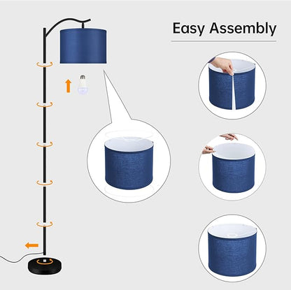 Montage Mid Century Arched Floor Lamp - Tall Modern Standing Lamp with Blue Linen Shade, E26 Socket, Footswitch for Living Room, Bedrooms, Office, Corner