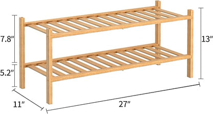RONGJlA 2 Tier Bamboo Shoe Rack for Closet Free Standing Wood Shoe Shelf Storage Organizer for Entryway Small Space Stackable, Natural