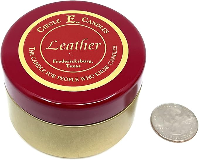 Circle E Candles, Leather Scent, Extra Small Size Travel Tin Candle, 4oz, 1 Wick