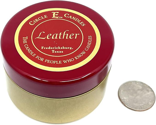 Circle E Candles, Leather Scent, Extra Small Size Travel Tin Candle, 4oz, 1 Wick