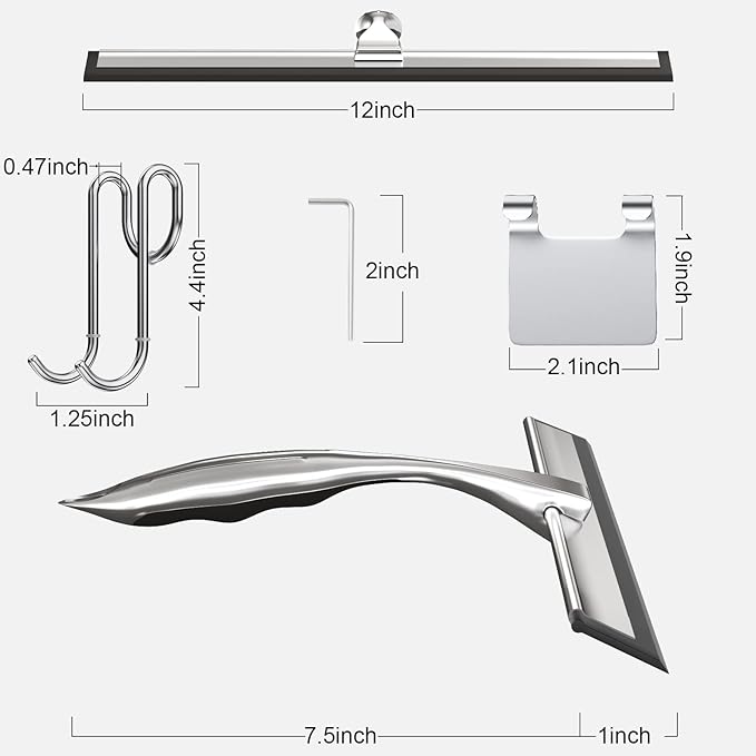 12'' Shower Squeegee, TOOVEM Shower Squeegee for Shower Doors for Glass Doors, Windows, Bathroom, Car Windshield, Silver