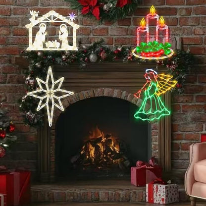 Christmas Decorations - 16" Christmas Window Silhouette Lights Decorations - 4 Pack Colour Lighted Angel ＆ Bethlehem Star ＆ Nativity ＆ Candle for Holiday Wall Door Window Decorate