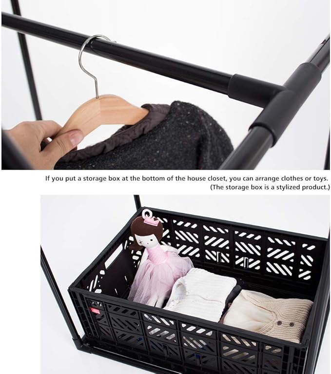 PETITE MAISON Kids Closet - Dress up Clothing Garmet Rack, Hanging Costume Organizer with Cute House Frame, Handmade Premium Quality, 25" x 17" x 59", Aluminium Super-Light, Large Black
