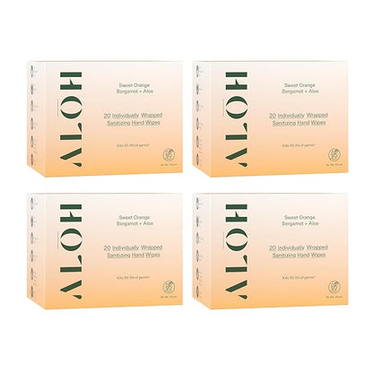 ALŌH Skin - Softening Sanitizing Hand Wipes – Sweet Orange Bergamot - 4 Boxes of 20 Individually Wrapped Wipes (80 wipes)