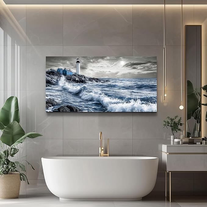 ZUITINGHUA Large Wall Decor For Living Room Canvas Wall Art For Office Modern Wall Decorations For Bedroom Wave Landscape Painting Watch Tower Pictures Artwork Room Home Decor 24x48 In