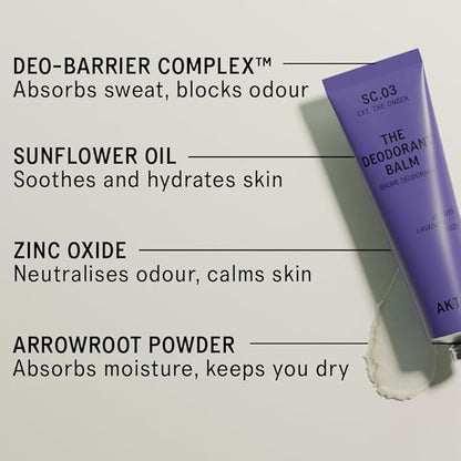AKT, THE DEODORANT BALM. Award winning, multi-use, natural deodorant. Plastic Free. Gender Free. Aluminium Free. 100% effective — 1 tube lasts up to 3 months.SC.03 THE ONSEN. 50ml/1.76 FL.OZ