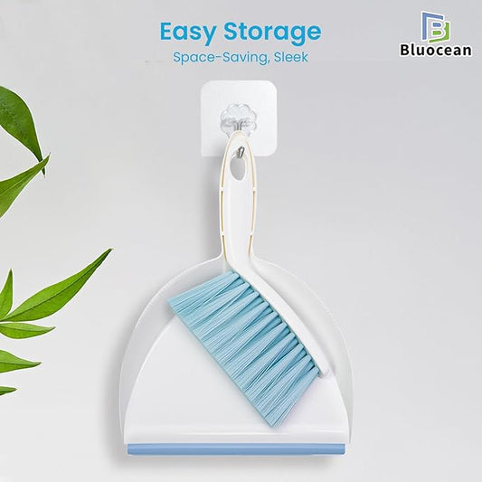 Mini Broom and Dustpan, Plus an Adhesive Hook Set, 7" Dustpan Opening, Bristles for Hair and Small Debris, Mini Portable Hand Brush for Pet, Sofa, Desk, Kitchen (White & Seafoam Blue)
