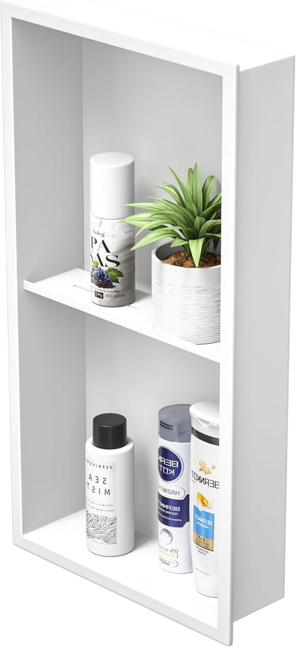 Stainless Steel Shower Niche 24" X 12" Matte White No Tile Needed Vertical Niche Shower with Two- Tier Shelves Recessed Wall Niches for Bathroom Storage Over Mount Installation