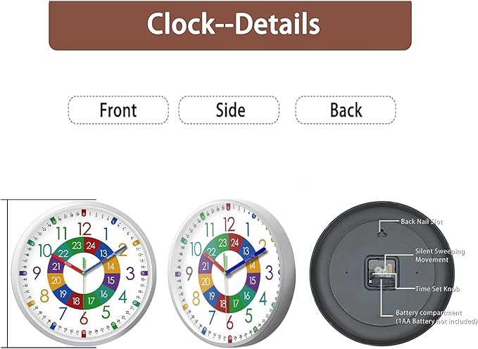 XFM Learning Clock for Kids Silent Non Ticking Battery Operated Colorful Teaching Time Clock 8 Inch Decorative Small Analog Clock for Kids Room Classroom School Playroom