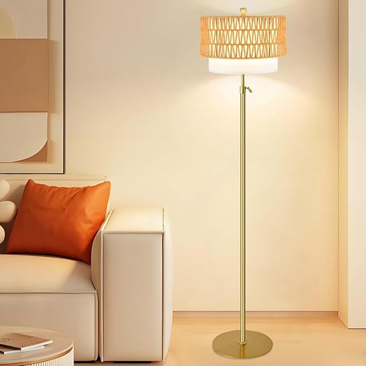 Gold Floor Lamps for Living Room Boho Floor Lamp with Rattan & Fabric Shade, Modern Adjustable Height Standing Lamp Vintage Tall Floor Lamp for Bedroom Living Room Reading Corner (Bulb Included)