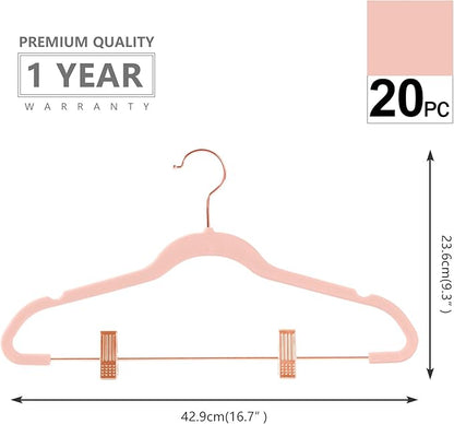 MIZGI Premium Velvet Pants Hangers with Clips (Pack of 20) Slim Skirt Hangers- Non Slip Felt Outfit Dress Hangers Blush Pink - Copper/Rose Gold Hooks,Space Saving Shirt Clothes Hangers