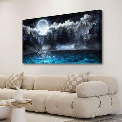 Moon Ocean Pictures Canvas Wall Art for Living room Office Bedroom Wall Decor,Ocean Wall Art Print Paintings Modern Mystery Cloud Forest Blue Lake Artwork Waterproof Ready to Hang-28X57 inch