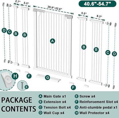 Fairy Baby 40.5" Extra Tall Baby Gate for Stairs, 40.6"-54.7" Extra Wide Dog Pet Gate Indoor Outdoor, Pressure Mounted Walk Thru Swing Metal Safety Child Gate, Cat Puppy Gate for House Doorways, White