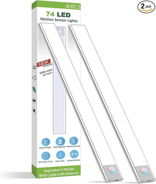 BLS Under Cabinet Lights, 74 LED lights Battery Operated Motion Sensor Light Indoor, USB C Rechargeable Closet Lights Motion Sensored, 2200mah Wireless Magnetic Light for Kitchen Night Stairs (2 Pack)