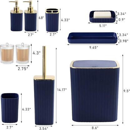 Bathroom Accessories Set - Gorgeous Bathroom Set, 10PC Navy Blue Bathroom Accessory Set, Toilet Brush, Trash Can, Qtip Holder Dispenser & Soap Dispenser