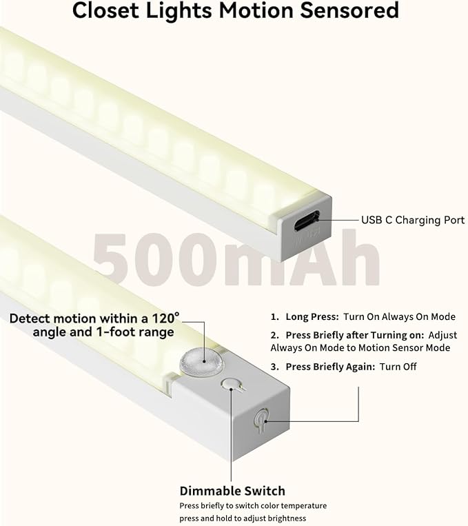 3-Pack Under Cabinet Lighting with Charging Station 8-Inch Rechargeable Motion Sensor Light Indoor 3 Color Dimmable Closet Light, USB Stick on LED Magnetic Under Counter Lights for Kitchen Stair