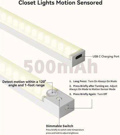3-Pack Under Cabinet Lighting with Charging Station 8-Inch Rechargeable Motion Sensor Light Indoor 3 Color Dimmable Closet Light, USB Stick on LED Magnetic Under Counter Lights for Kitchen Stair