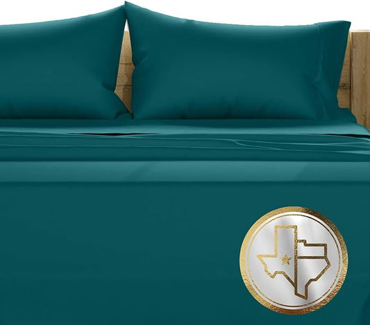 Texas Linen Co. 100% Egyptian Cotton Queen Size Sheet Set - 1000 Thread Count 4 Piece Cotton Sheets for Queen Bed, Soft, Cooling Extra Long Staple Luxury Hotel Sheets - Fits Upto 18” Deep Pocket, Teal