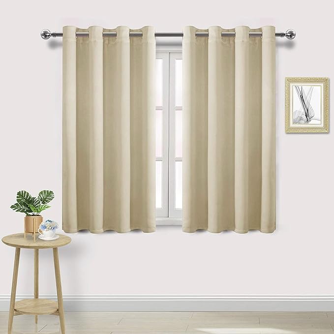 DWCN Room Darkening Curtains 45 Inch Length, Thermal Drapes for Living Room - W52 x L45 Inches Long, 1 Pair, Light Beige