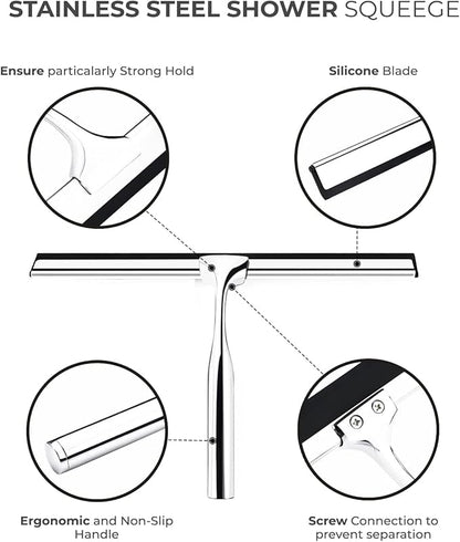 Squeegee for Shower Glass Door with Holder, 10" Silicone Blade, Stainless Steel Chrome Handle, for Kitchen Window, Bathroom Mirror & Car Glass Cleaning by Fab Glass and Mirror