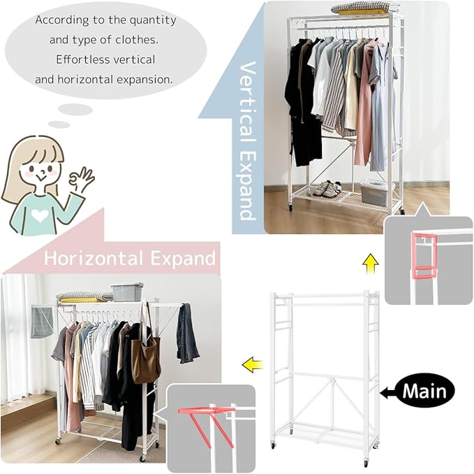 lumizone Expandable Wardrobe Closet, Foldable Clothing Rack with Shelves, Heavy Duty Collapsible Garment Rack Organizer for Hanging Clothes, Shoes & Storage(Black)