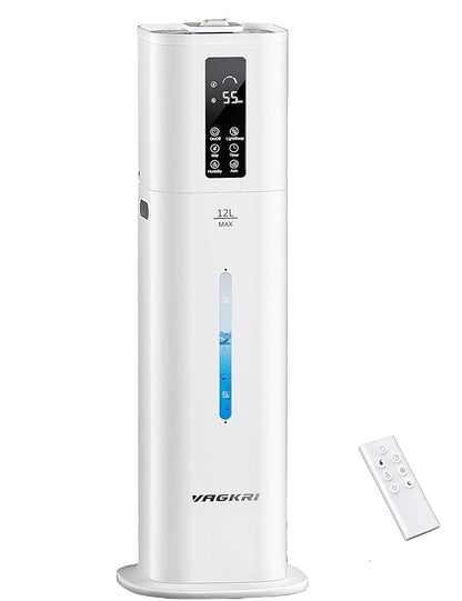 VAGKRI 12L Large Room Humidifier, 120H Long Lasting Cool Mist, 3 Mist Levels, Auto Humidity Adjustment, Top Fill Design with Essential Oil Tray for Bedroom, Home, Plants, Baby