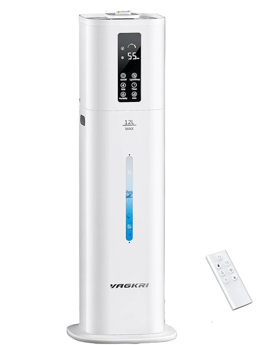 VAGKRI 12L Large Room Humidifier, 120H Long Lasting Cool Mist, 3 Mist Levels, Auto Humidity Adjustment, Top Fill Design with Essential Oil Tray for Bedroom, Home, Plants, Baby