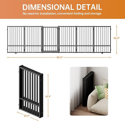 Full Metal Freestanding Dog Gate with Door, 32''Height Foldable Pet Dog Fence for Indoor & Outdoor, 6 Panels Extra Wide Free Standing TallDog Gates for Doorways,House,Stairs,Porch,Deck,Yard