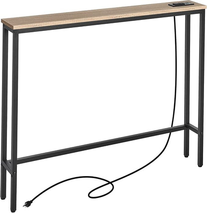 ELYKEN 5.9" Narrow Console Sofa Table with Power Outlets, 5.9" Dx39.4 Wx31.1 H Long Couch Table with Metal Frame and Charge Station with 6.5’ Extension Cord, White Oak