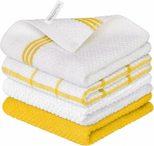 Artoid Mode Ring Spun Cotton Yellow Dishcloth Kitchen Towels, 12x12 Inch Ultra Soft Absorbent Quick Drying Household Cleaning Kitchen Rags Set of 4