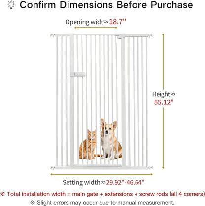 Lumizone Extra Tall Cat Gate 55.12" High Pressure Mounted Extra Wide 2025 New (17 Sizes) 1.37" Gap No Drilling Auto-Close One-Handed Operation Tall Pet Gate for Dogs(White, 55.12" H x 29.92"-46.64" W)