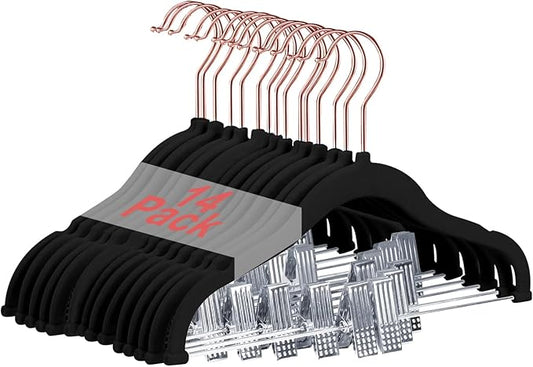 Baby Hangers with Clips, 14 Packs Kids Velvet Clothes Hangers, Heavy-Duty Childrens Pant Hangers for Shirts, Pants, Skirts, Dresses, Jackets, Coat Black - Rose Gold Hook