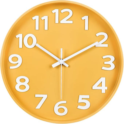 45MinST 12-Inch Modern Yellow Indoor/Outdoor Wall Clock, Silent Non-Ticking, Large Numbers, Accurate Timekeeping, Perfect Decorative Accent for Home or Office (Yellow)