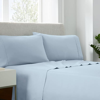 Serta Simply Clean Super Soft Hypoallergenic Stain Resistant Deep Pocket 4 Pieces Solid Bed Sheet Set, Full, Light Blue