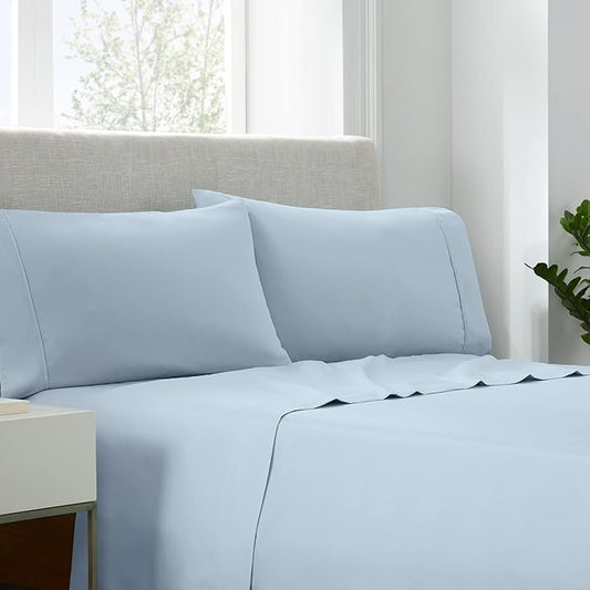 Serta Simply Clean Super Soft Hypoallergenic Stain Resistant Deep Pocket 4 Pieces Solid Bed Sheet Set, King, Light Blue