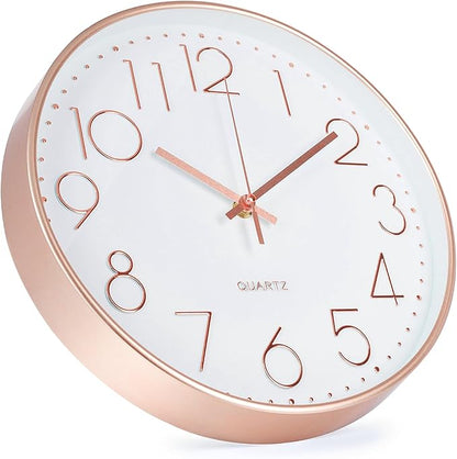 Wall Clock 12 Inch Non-Ticking Silent Modern Simple Style Round Decor Clock Rose Gold Stereoscopic Dial Quartz Wall Clocks for Home/Office/School/Living Room/Bedroom/Kitchen