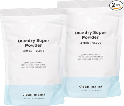 Clean Mama Laundry Super Powder Detergent - Extra Strength Laundry Detergent Powder - Natural Laundry Detergent for Sensitive Skin - Enzyme Powered, Fights Stains & Odors - Lemon + Clove, 60 Loads