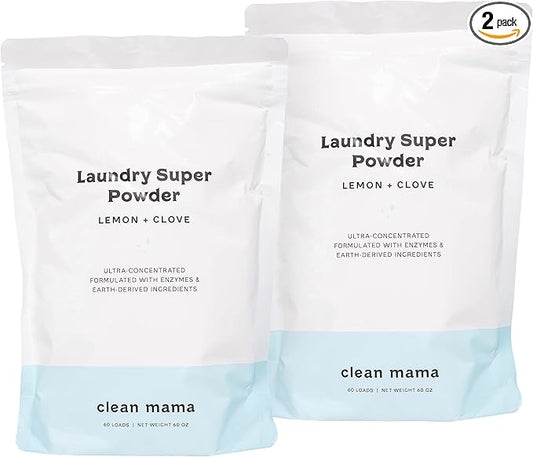 Clean Mama Laundry Super Powder Detergent - Extra Strength Laundry Detergent Powder - Natural Laundry Detergent for Sensitive Skin - Enzyme Powered, Fights Stains & Odors - Lemon + Clove, 60 Loads