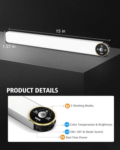 Motion Sensor Under Cabinet Lighting, 3-Color Dimmable, 84 LED 15 Inch Wireless Closet Lighting, Rechargeable 3200mAh Battery, Digital Display, Perfect for Kitchen & Indoor Use (4-Pack)